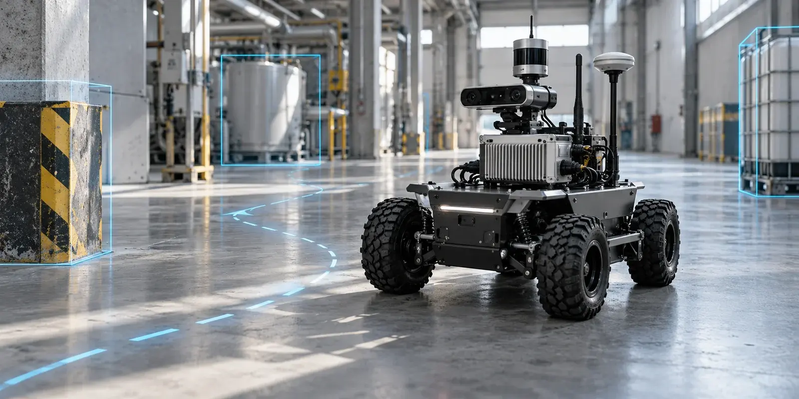 Autonomer mobiler Roboter mit Lidar, Stereokamera und GNSS-Antenne in einer Industriehalle