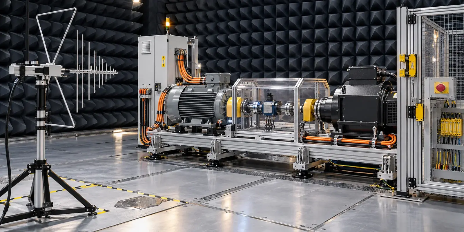 Antriebsteststand mit Motor und Lastmaschine in einer EMV-Absorberkammer, davor die Messantenne